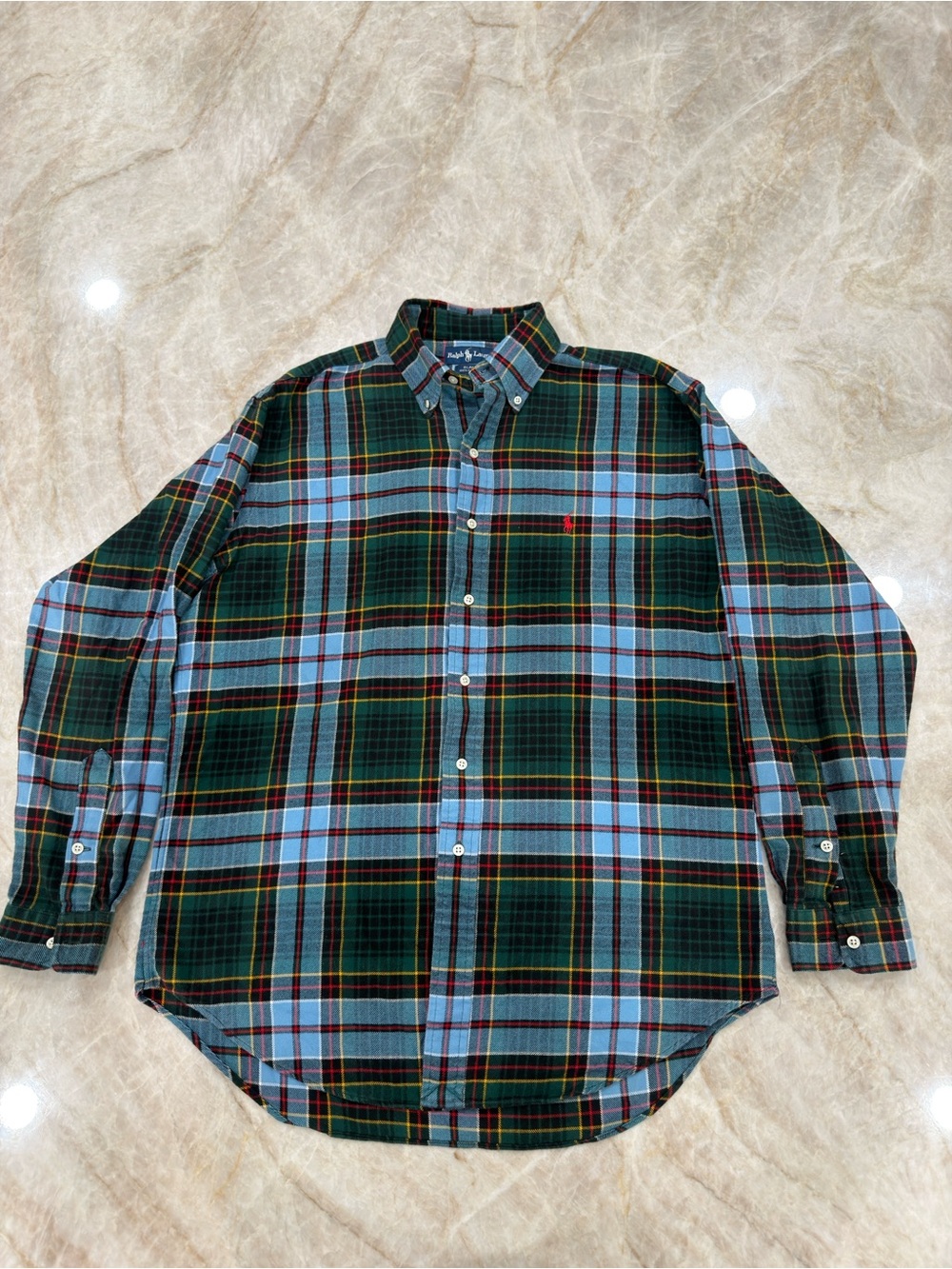 Vintage 1990s Ralph Lauren Green and Blue Plaid Button-Down Shirt